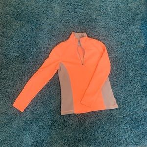Fleece, neon orange and gray collared pull over.